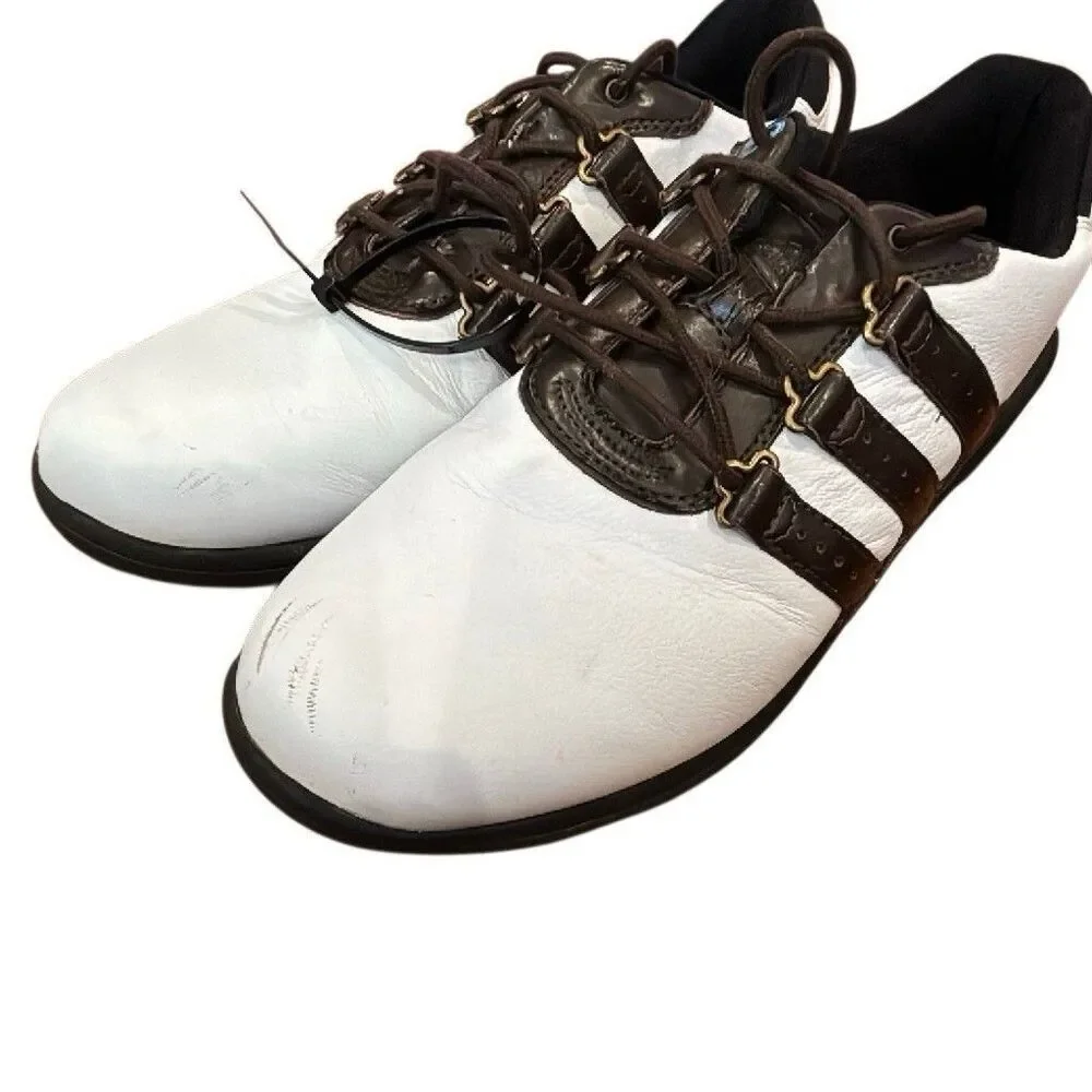 adidas Adipure Men's Golf Shoes Leather Spiked Lace Up White Brown Black size 9